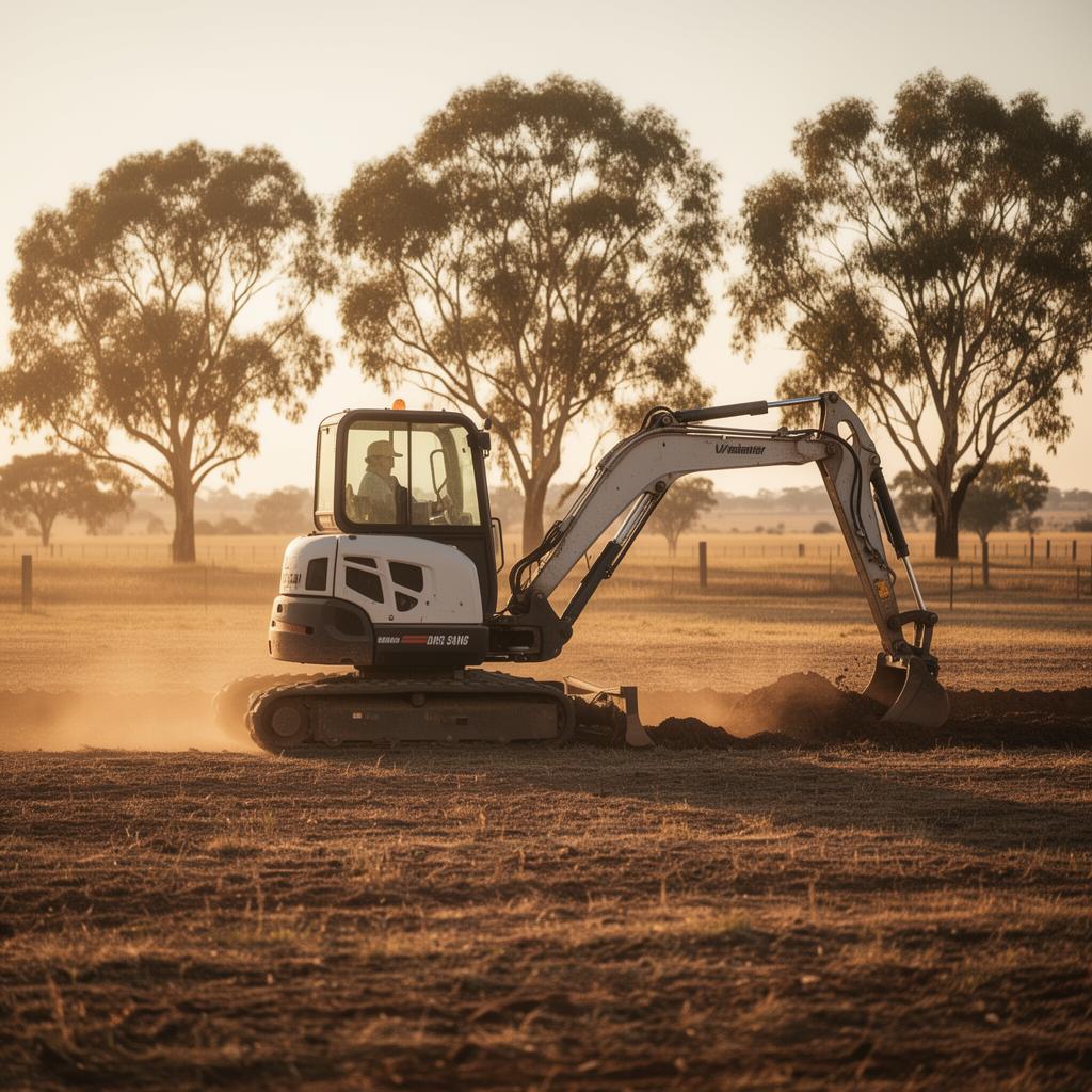 Excavator working on a South Australian farm at golden hour